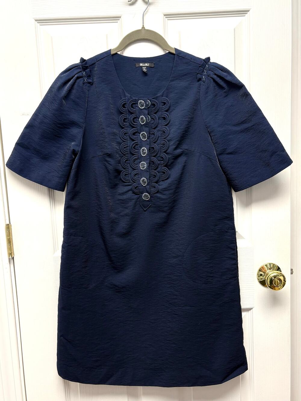 Miss Me Dress Navy Shift Size S Shimmer Mod Embellished Front Cotton Blend